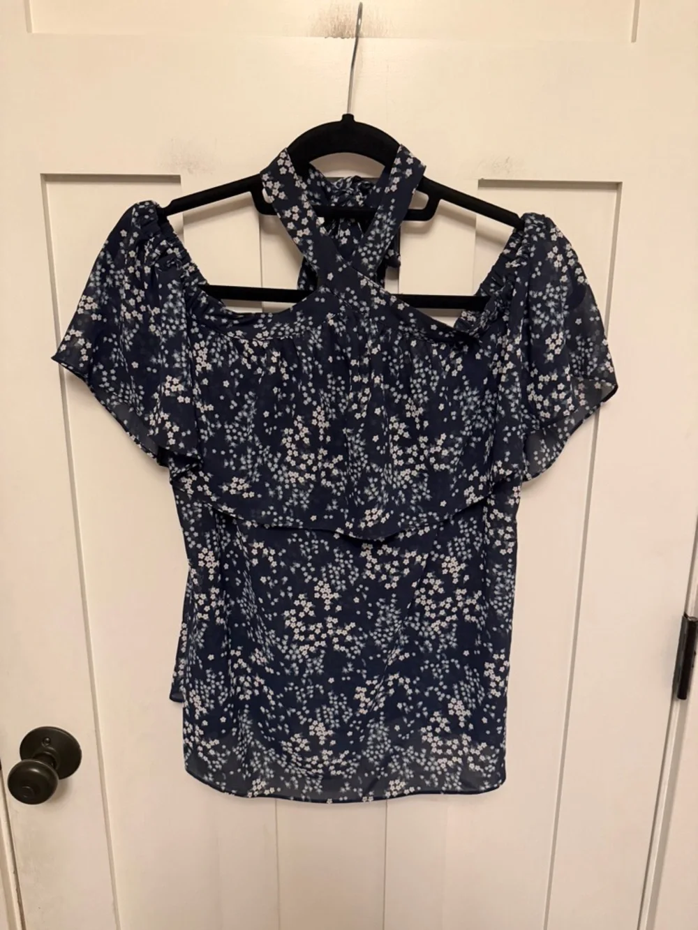 Michael Kors Women's Ditsy Floral Blue chiffon Halter Top Blouse Large